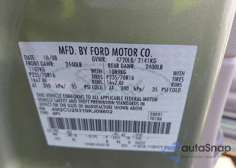 2009 Mercury Mariner Hybrid from USA, damaged, VIN 4M2CU29319KJ09802